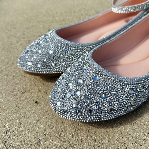 New Bling Silver Rhinestone Embellished Ankle Strap Ballet Flat Shoes Ballerina - Picture 8 of 10